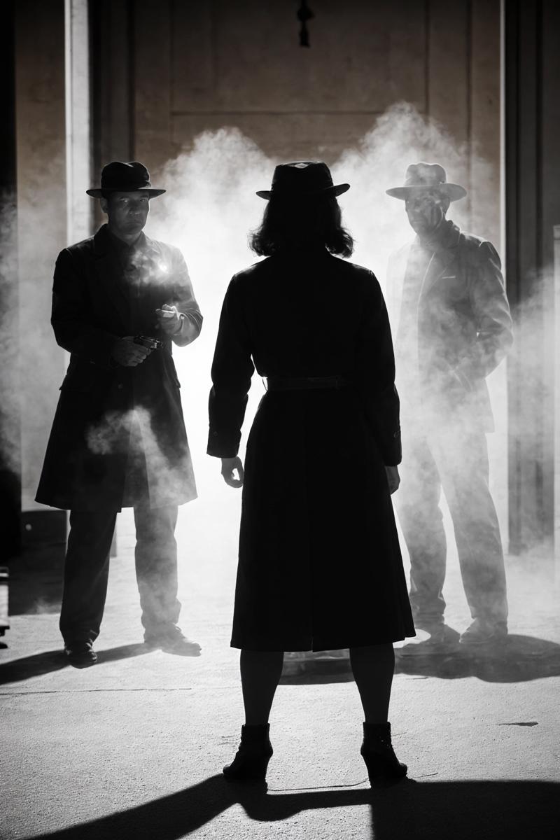 00196-1737803090-sin-city,full body shot,1girl holding a revolver,1man standing in background,a suitcase on the ground,long coat,fog,monochrome,o.png